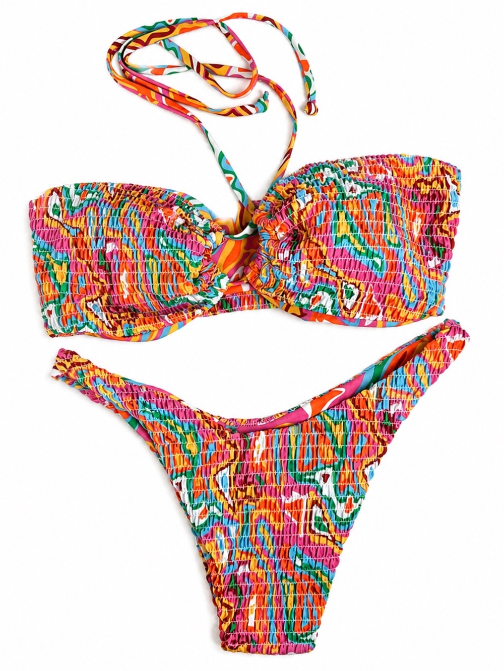 Colorful Smocked Bandeau Bikini Set - Multicolor
